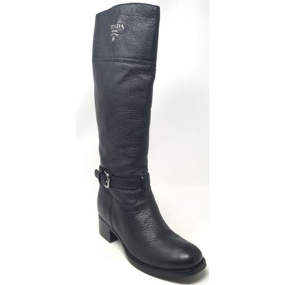 PRADA Cervo Women's Size 37.5 Black Leather Authentic Designer Knee High Boots - Picture 1 of 9